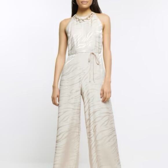 River Island Cream Palazzo Jumpsuit with Tie Waist and Attached Necklace - Picture 1 of 10